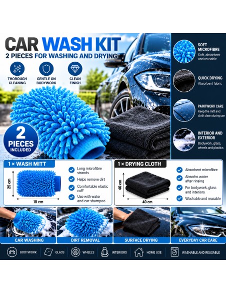 Microfibre wash mitt and drying cloth - features and dimensions in English