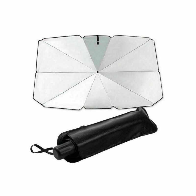 Folding windscreen sunshade opened, with compact storage view