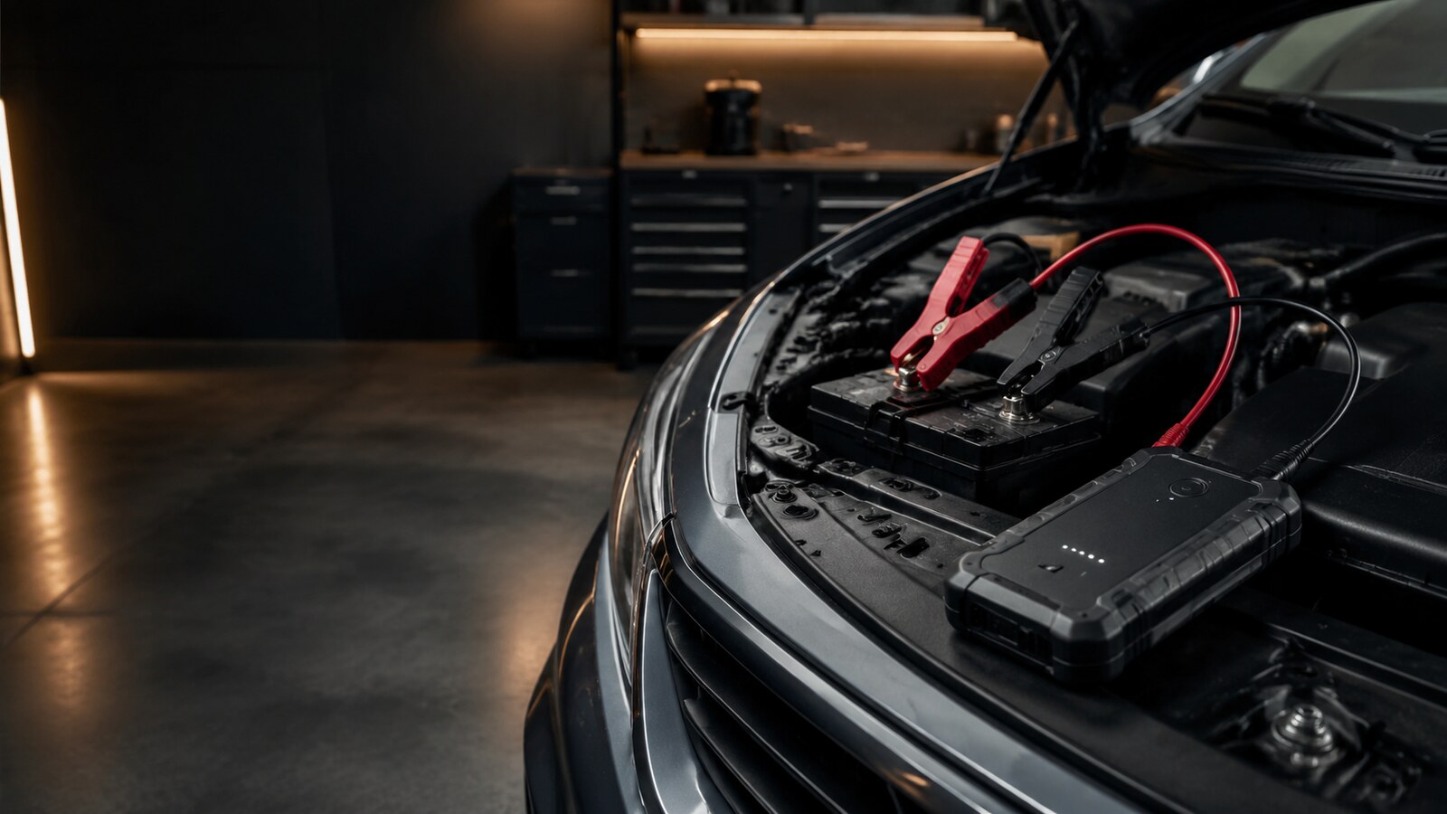 Avviatore portatile collegato alla batteria di un'auto in un garage