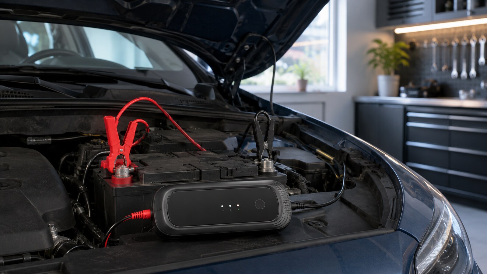 Caricabatterie intelligente collegato alla batteria 12 V di un'auto in garage