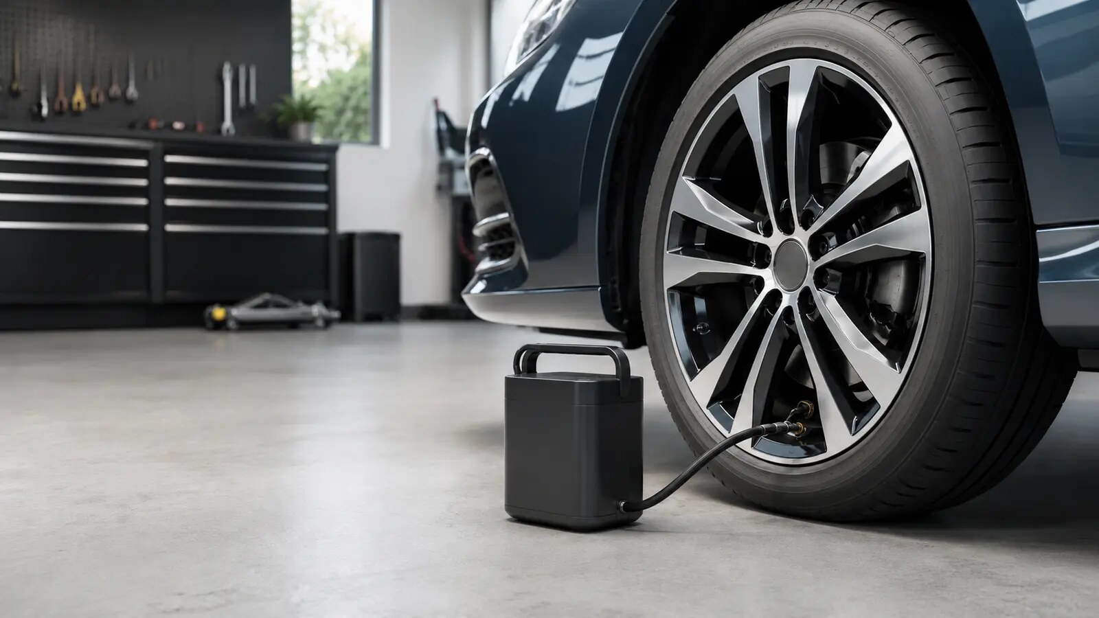 Compressore portatile collegato allo pneumatico di un'auto in garage