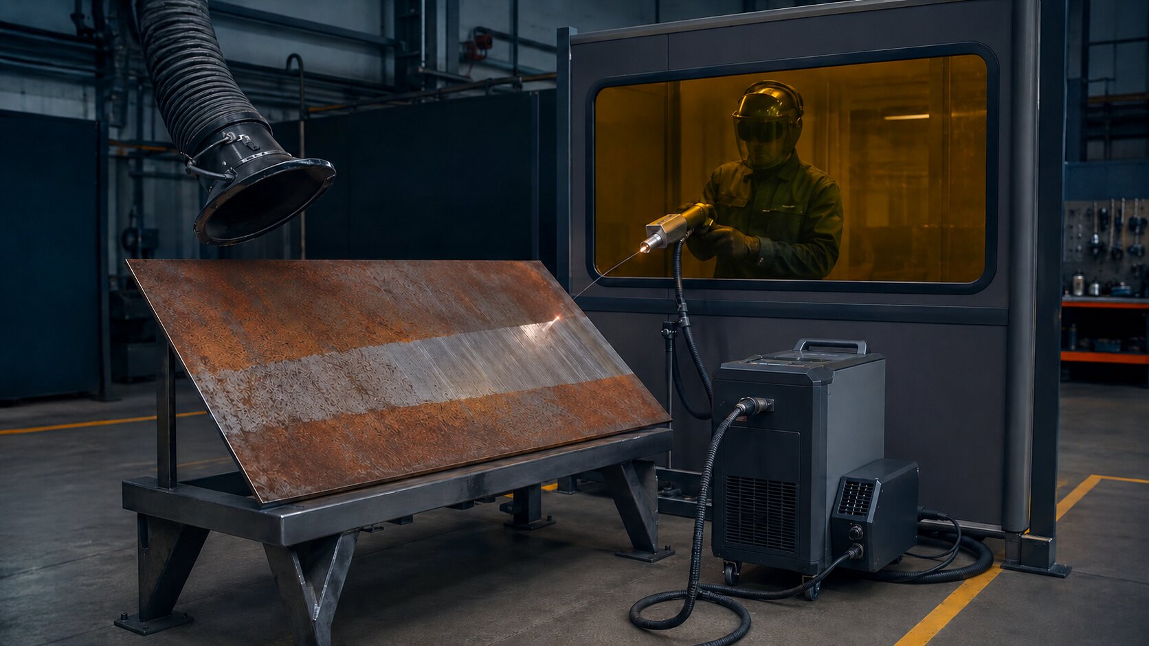 Macchina generica per pulizia laser della ruggine in un'area industriale controllata con aspirazione localizzata