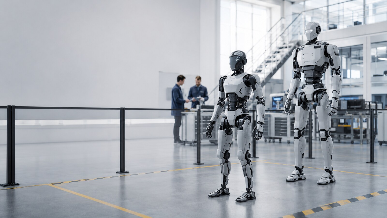 Due robot umanoidi generici in un laboratorio di ricerca con area di prova controllata