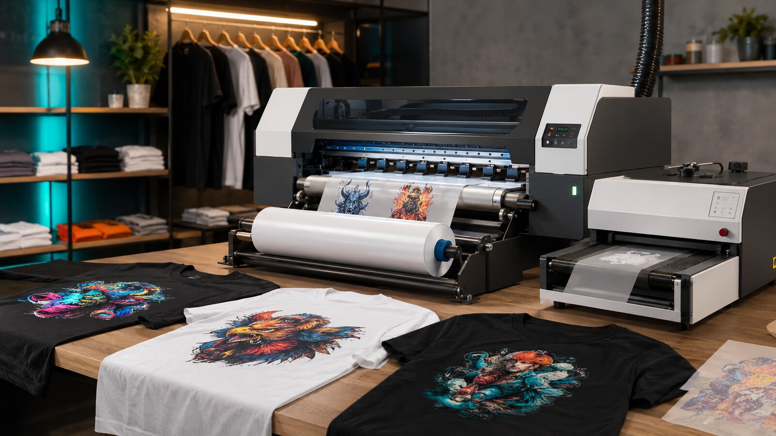 Laboratorio professionale con stampante DTF, film PET e magliette personalizzate
