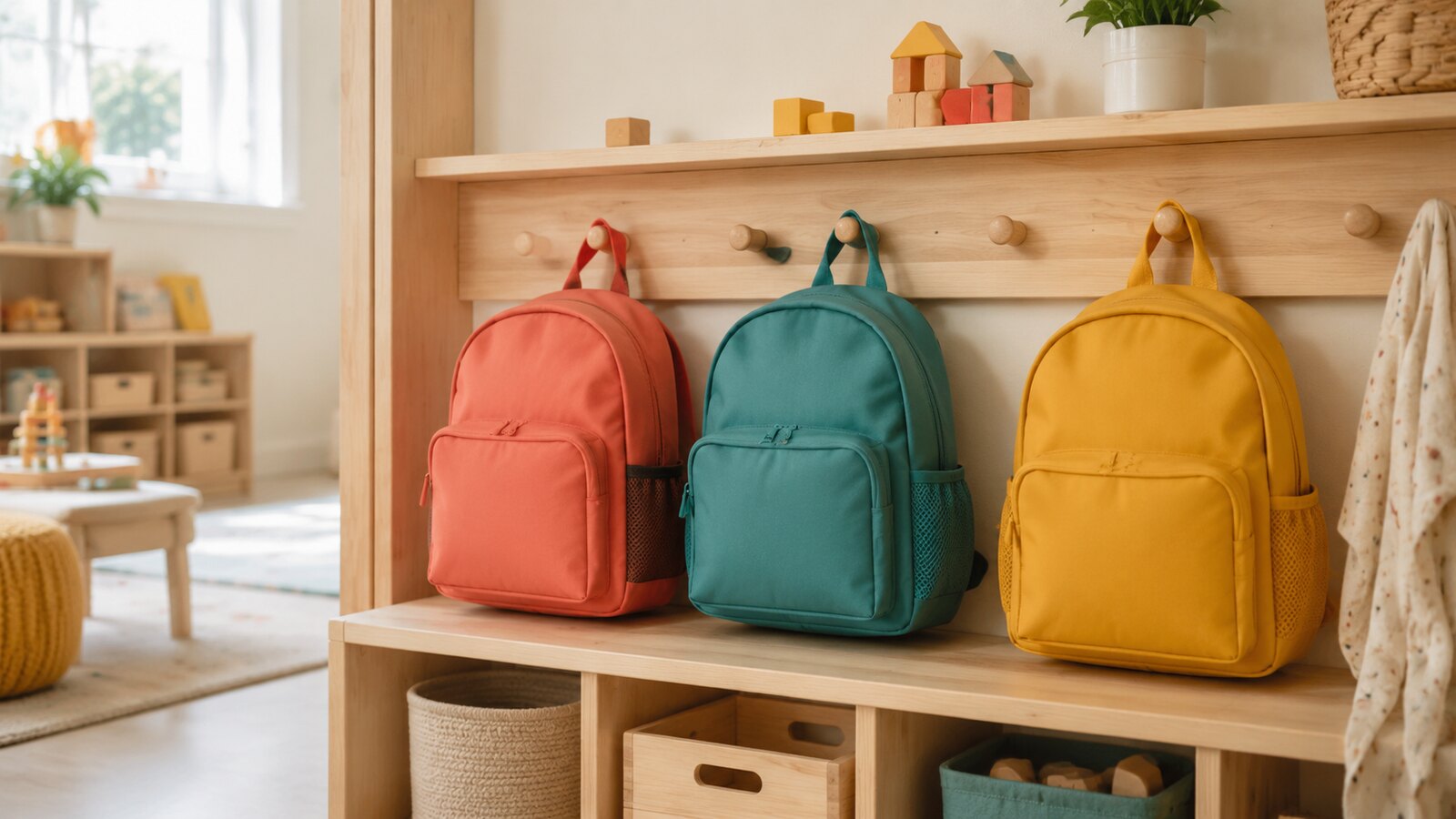 Tre piccoli zaini generici colorati in un ambiente di scuola materna